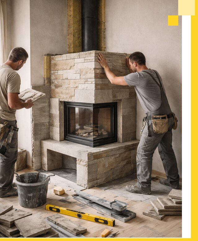 Угловые камины под ключ проект, монтаж и отделка в Ангарске